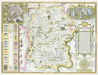 ジョドカスホンディウス（1563-1612）によって刻まれたウィルトシャー。イギリスのジョンスピードの帝国劇場、パブ。ジョン・サドベリーとジョージ・ハンブル、1611-12（手彩色の銅版画）
